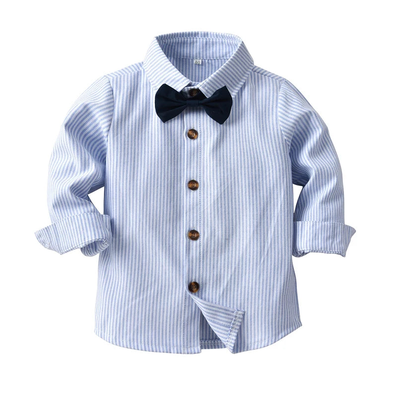 Camisa a rayas, corbata, pantalones y cinturón. Conjunto de 5 piezas para bebé y niños, traje con mangas largas.