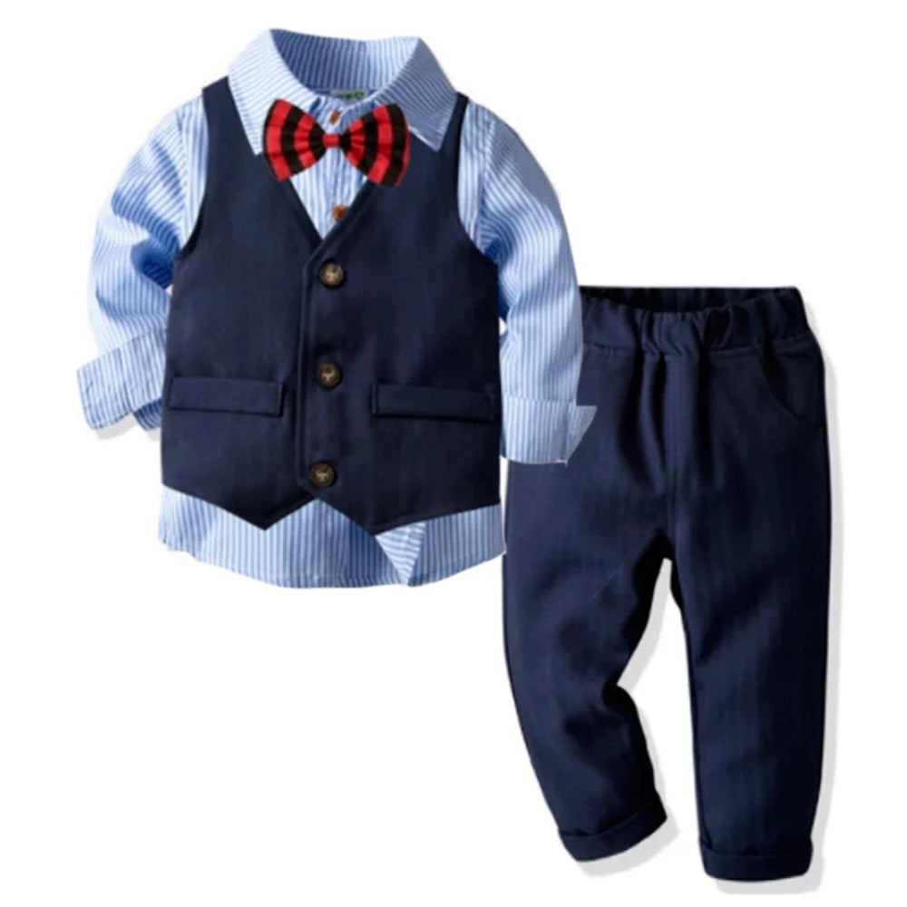 Conjunto de fiesta para bebé: Traje de caballero con camisa de manga larga, corbata de lazo, chaleco, y pantalón.