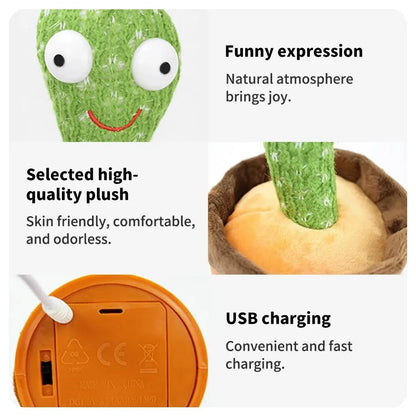 Dancing Cactus, Juguete de Peluche Electrónico Repetidor, Juguetes Interactivos que Pueden Cantar, Grabar, Iluminar, Recargables por USB, Educación Temprana, Regalo Divertido.