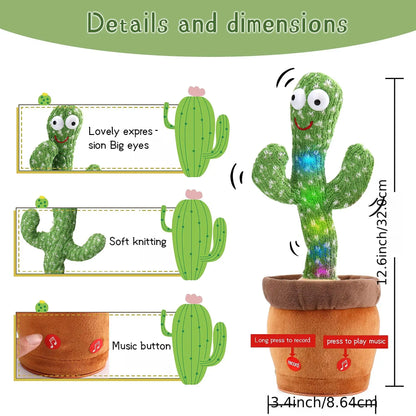 Dancing Cactus, Juguete de Peluche Electrónico Repetidor, Juguetes Interactivos que Pueden Cantar, Grabar, Iluminar, Recargables por USB, Educación Temprana, Regalo Divertido.