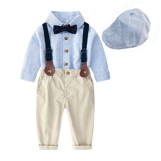 Camisa a rayas, corbata, pantalones y cinturón. Conjunto de 5 piezas para bebé y niños, traje con mangas largas.