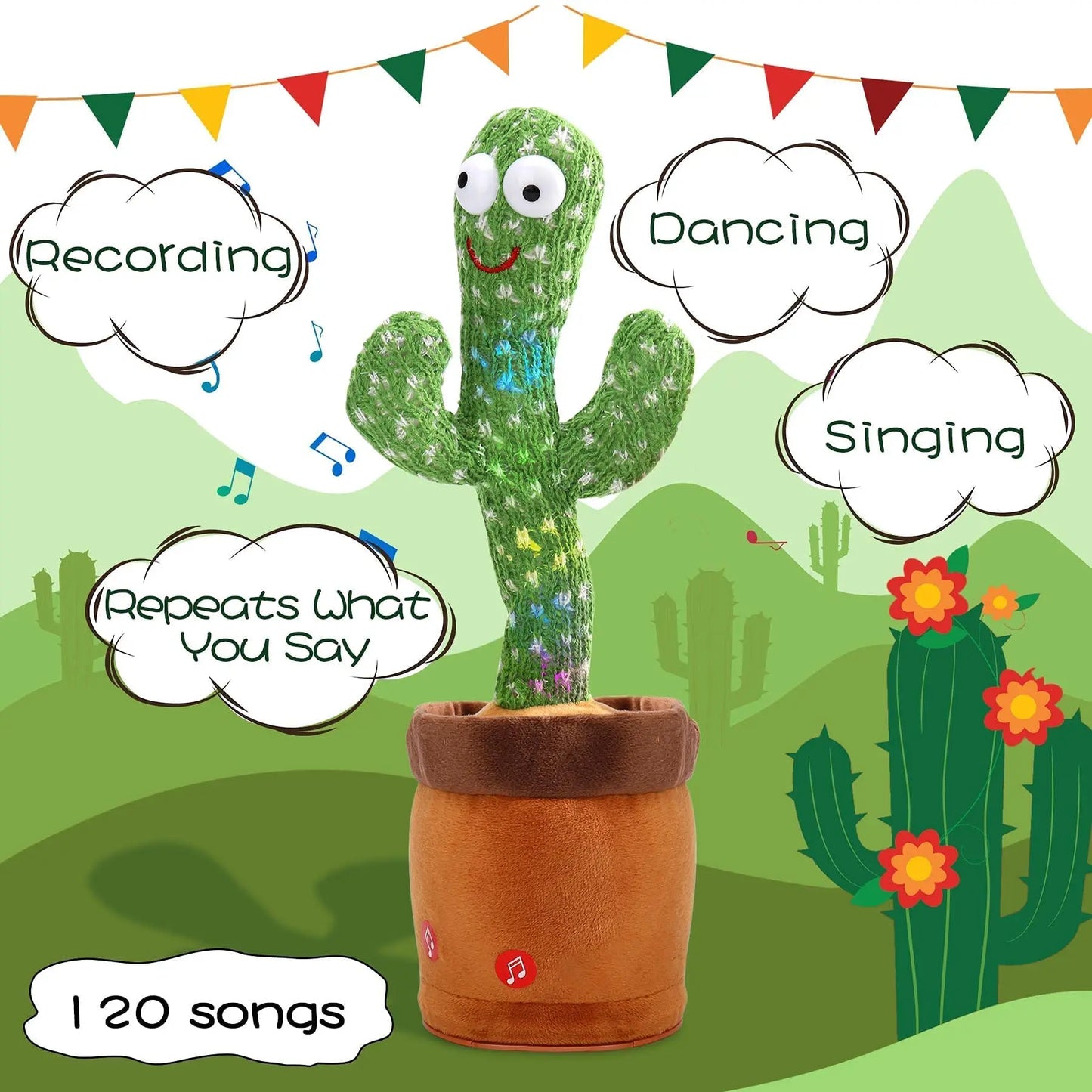 Dancing Cactus, Juguete de Peluche Electrónico Repetidor, Juguetes Interactivos que Pueden Cantar, Grabar, Iluminar, Recargables por USB, Educación Temprana, Regalo Divertido.