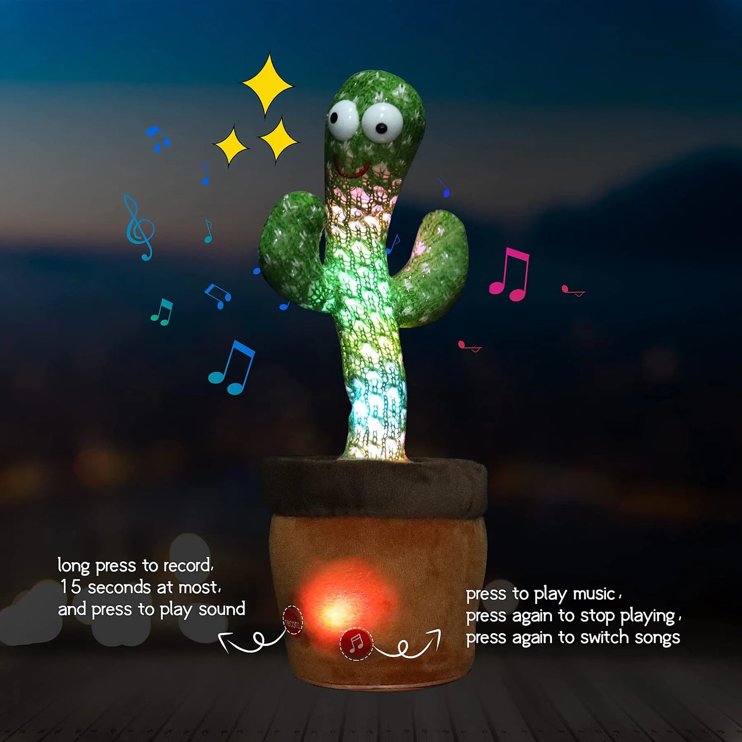 Dancing Cactus, Juguete de Peluche Electrónico Repetidor, Juguetes Interactivos que Pueden Cantar, Grabar, Iluminar, Recargables por USB, Educación Temprana, Regalo Divertido.